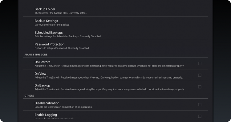 The complex settings of SMS Backup & Restore.